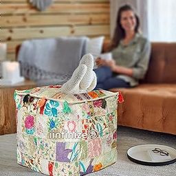 iinfinize Traditional Seating Cotton Pouf Patchwork Embroidered Ottoman Pouffe Stool Pouf Cover White Floral Footstool Floor Cushion Ethnic Decor Bean Bag Mudda (16x16x16 Inch)-image-71