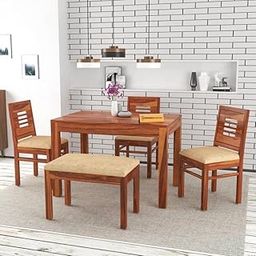 FURNESHO Solid Sheesham Wood Dining Room Sets 4 Seater Dining Table with 3 Chairs & 1 Bench for Dining Room, Living Room, Kitchen, Hotel, Restaurant, Cafeteria (Standard, Honey Finish) (Honey Finish)-18