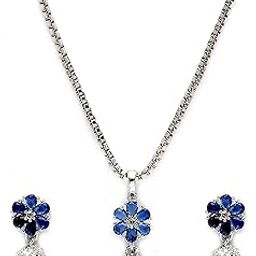 Rhodium-Plated Silver Toned Green Cubic Zirconia studded Floral Shaped Cute Pendant with Earrings Jewellery Set for Girls and Women (Green)-11