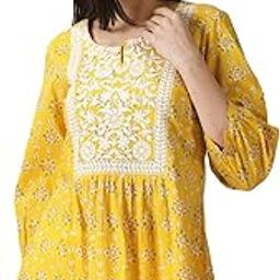 Yellow Floral Print Cotton Tunic with Lucknowi Chikankari Yoke-image-34