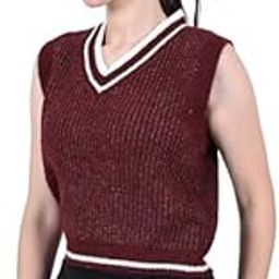 Women's V-Neck with Sleeveless Acrylic Brown Vest Sweater-image-129