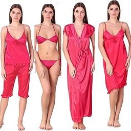 Women's & Girl's Satin Plain/Solid Nightwear Set Pack of 6 (6003108_Rani Pink_Free Size)-image-26