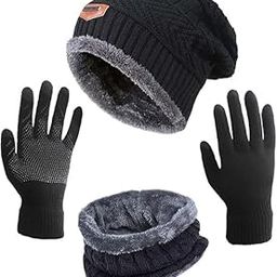 Tomorrow Winter Hat Scarf Gloves Slouchy Beanie Snow Knit Skull Cap Touch Screen Mittens Circle Scarves for Women Black-9