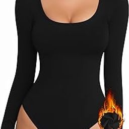 Women's Basic Bodysuits Scoop Neck Long Sleeve Body Suit Shirt Tops, A Black, S-image-51