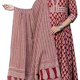 Women's Cotton Calf Length Printed Flared Kurta Palazzo and Dupatta Set-picture-42