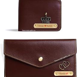 Personalized Wallet Combo for Men and Women I Customized Slim Stylish Leather Purse with Name & Charm I Unique Birthday Anniversary Gift for Couples Unisex Love – Set of 2 (Brown)-26