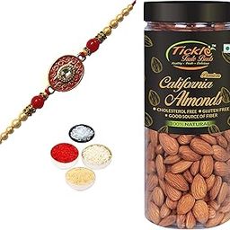 Designer Trendy Rakhi for Brother Gift Combo with Badam Jar 250gms & Personal Message, Roli Tikka Chandan Chawal Mishri Special Pack for Bhai Bhaiya-image-58