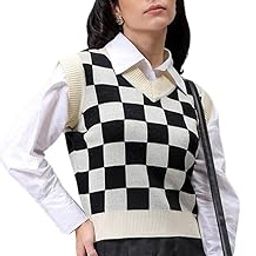 by The Indian Garage Co Women Loose Fit Checkered Sweater Vest-image-11