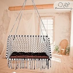 Made In India Premium Large Double Seater Swing Chair/Hanging Hammock Swing Chair For 2 People/2 Seater Swing For Balcony,Accessories & Cushion Included- White-Brown - Polyester-image-0