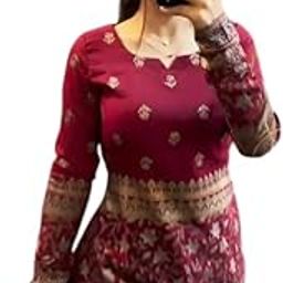 Women's Rayon Gold Print Maroon Short Kurti Full Sleev-image-93