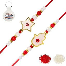 Red Evil Eye Rakhi Protect From Negative Energy (Set of 2) with Roli Chawal, Greeting Card and and One Motivational Keychain (V1W1K)-29