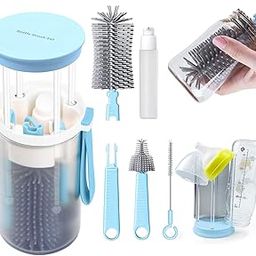 Parssufy Portable Baby Bottle Brush Kit Travel Feeding Bottle Cleaning Set Nursing Bottle Cleaner with Extendable Silicone Bottle Brush/Nipple Brush/Straw Brush/Drying Rack/Soap Dispenser/ (Blue)-image-80