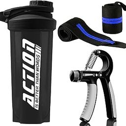 Gym Fitness Kit with 700 ml Shaker Bottle, Hand Gripper Wrist Exerciser & Wrist Band for Strong Wrist Support | Combo Pack for Men & Women (Blue)-image-71
