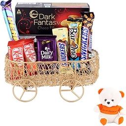 SFU E Com Chocolate Gift Hamper With Cart | Valentine Love Teddy Bear With Chocolate Combo | Valentine Chocolate Hamper | 671-6