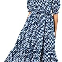 Women Mandarin Collar Puff Sleeves Waist Tie-Ups Tiered A-Line Work Wear Midi Dress-image-2