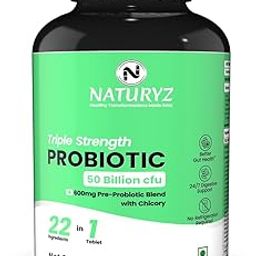 NATURYZ Triple Strength Probiotic 50 Billion CFU with Highest Pre-Probiotic 600 Mg | Chicory Root | 22 Nutrients for Gut Health | 24/7 Digestion | Supports in Occasional Constipation, Diarrhea, Gas & Bloating for Women & Men | No Refrigeration required - 60 Tablets-3