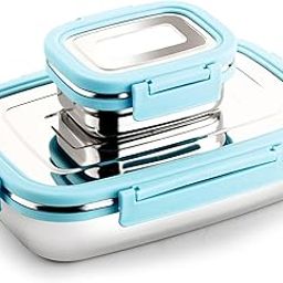 GANESH Craze Stainless Steel Tiffin Lunch Box Container/Dabba with 4 Side Clip Lock Lid for Office & School Use/Food Grade/Air Tight/Easy to Carry/Leak Proof(900ml 1pc + 200ml 1 Pc) Blue-image-1