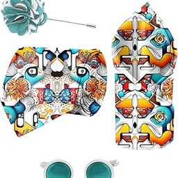 Vibrant Vision Printed Tie and Pocket Square Set with Cufflink and Matching Flower Lapel Pin-image-95