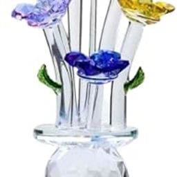 Velkori Colour Full Crystal Clear Rose Bouquet Flower with Vase Home Table Decor Multi Color Flower vase Glass Figurine Collectible Statue (Rose Flower Ornament)-14