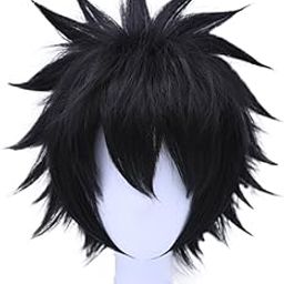 Black: Anogol Hair Cap+ Short Wavy Layered Black Cosplay Wig Synthetic Hair Full Wigs For Costume-image-4