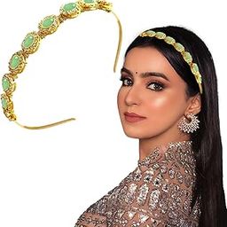 Kundan Hair Band for Women and Girls | Tiara Head Piece | Sheeshphool Matha patti | Fusion Ethnic Hair Accessory for Festive Season Weddings Shaadi Head Piece - Pack of 1 Green-image-98