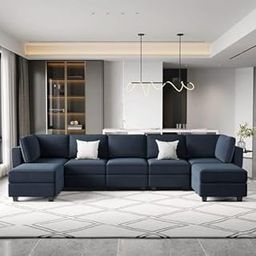 Modern U-Shaped Sectional Sofa Set with 2+2+1+2 Seating & 2 Ottomans | Premium Fabric Upholstery | Fiberfill Cushions | Living Room Furniture for Home & Office (Blue)-image-48