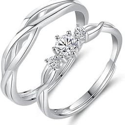 Fashion Zircon Crystal Engagement Bands Adjustable Couple Lovers Rings Alloy Swarovski Zirconia Sterling Silver Plated Ring Set-image-38