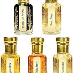 MARUTI NATURAL FRAGRANCES Attar Combo Pack Of 5-12 ml Each Roll-On Perfume - Pure, Natural, Undiluted & Luxurious Scents Unisex - Rose, Ruhkhus, Sandal, Mogra, Zaffran - Fresh & Refreshing Gift Set-1