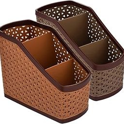 Kuber Industries Plastic 2 Pieces Multi-Purpose Compact Desk Storage Organizer Stationary Box for Case Pen Pencil Holder, Plastic Cosmetics, Make Up Organizer Container (Brown & Beige) KUBMART3237-26
