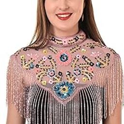 Floral Beaded Mesh Cape with Fringe, Vintage Style Collar Shawl, Pink Blue Yellow Embellished-5
