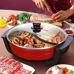 Inllex Electric Hot Pot with Divider Shabu Shabu Hot Pot Non-Stick Cooking Frying Pan Chinese Hot pot for Kitchen Dual Sided Smokeless Pot with Steamer Cooker with Lid Heat Frying Pan-24