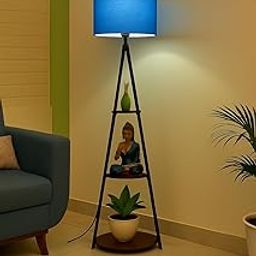 Modern Floor Lamp with Storage Shelves, 127 cm Tripod Stand, Beige Jute Shade, Art Deco Style for Living Room- Metal Floor Lamp with 3 Shelves (Brown Jute). LED Bulb Included. (Blue)-image-3