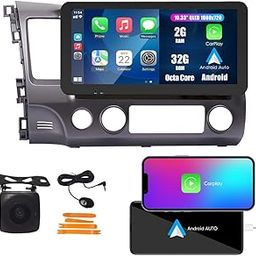 Kunfine Car CarPlay Android Auto Navigation Stereo GPS Radio Reverse Camera Display 10.33" QLED Touchscreen Headunit Tablet Pad Media Player for Honda Civic 2004-2011, if Applicable Octa Core 2G+32G-17