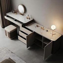 NG Decor Sintered Stone Manufactured Wood Gray Corner Makeup Vanity with Mirror, Vanity Table with 5 Drawers-picture-13