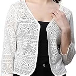 Women Cotton Jaquard Regular 3/4 Sleeves Lace Open Front Shrug-image-20