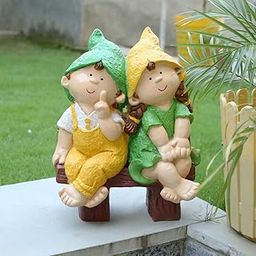 Wonderland Two Elves Sitting on Bench 3 (Yellow & Green)| Sculpture of Children for Home and Balcony Decoration-image-21