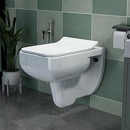 Plantex Platinum Ceramic Commode/Rim Washdown Western Commode/Wall Hanging Western Toilet with Soft Close Seat Cover - P Trap (White)-image-1