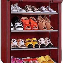 FLIPZON Multipurpose 4-Tiers Shoe Rack with Dustproof Zip Cover, Multiuse Wide Space Storage Rack made by Non Woven Fabric for footwear, Toys, clothes (4 Shelves) (Maroon), Plastic Non Woven, Cm-32