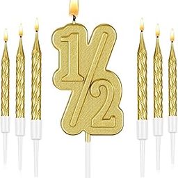 AMFIN (Pack of 7) Half 1/2 Birthday Anniversary Spiral Candle, Cake Topper with Holder. Party Celebration - Champagne Gold-image-8
