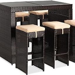 DEVOKO Patio Table and Chairs, All Weather Wicker Outdoor Furniture Bar Dining Set with Removable Cushions, Patio Seating Sets for Backyards, Porches, Lawn (Dark Brown & Cream)-image-37