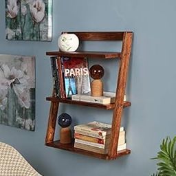 GOKUL ART Wooden Wall Mounted Ladder Book Shelves for Living Room | 3 Tier Shelf for Bathroom | Sheesham, Honey Finish-image-99