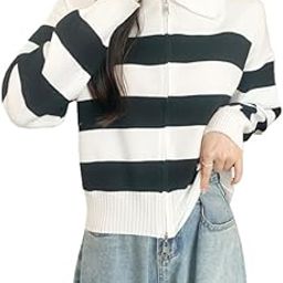 Women's Stretchable Knitted Ribbed Zipper Polo Collar Long-Sleeves Striped Pullover Sweater Top (ONE Size XS-S-M-L) DN55-image-5
