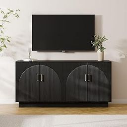 TGF Furniture Store Modern Black TV Stand Cabinet with Ribbed Doors – Wood Entertainment Center with Brass Handles and 2 Storage Compartments-image-56