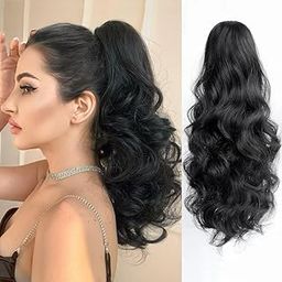 HAIR WALA™ Ponytail extension,16 to 18 Inch Long, Wavy Curly claw clip hair extensions ponytail hair Extension Natural Looking Ponytail for Women Black Color, Matte Finish (Black)-image-11