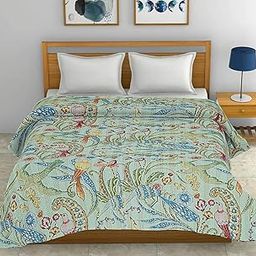 Kantha Work Hand Block Bird Print Cotton Bedspread Gudari/Bedding Quilt/Double Comforter Ralli/Bedcover Throw (C-Green, Double Size 108x90 Inch)-4
