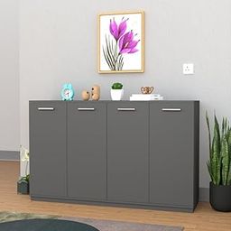 WOOD VAN Modern Wooden Multipurpose Storage Cabinet with 4 Doors – Ideal for Living Room, Entryway, or Office Organization – Contemporary Design and Decorative Top Surface, Color: Grey-13