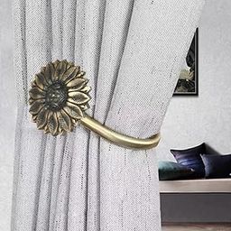 Chitra 2 Pcs Curtain Holdback for Curtains Wall Mounted Metal Drapery Hook for Door Window Treatment - Sun Flower Tie Back (Antique Brass)-16
