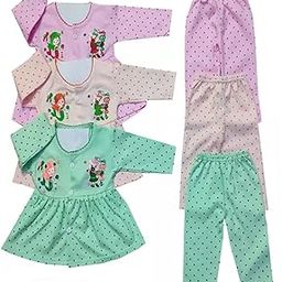 Cotton Blend Full Sleeve Frock & Pyjama Set for Baby Girls Combo For Babies (Set of 3, Multicolor)-picture-39