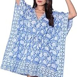 100% Cotton Hand Block Print Swimsuit Cover-up Beach Caftan Women's Print Kaftan, Multicolor, 32" x 37" Inch-42