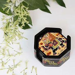 Swadeshi Blessings Wooden Octagonal Coffee/Tea Coasters Set- Handcrafted & Hand-Painted for Kitchen/Table & Home Decor/Dinning/Gifts/Restaurants/Living Room/Coffee Table (Set of 6) (Black)-image-95